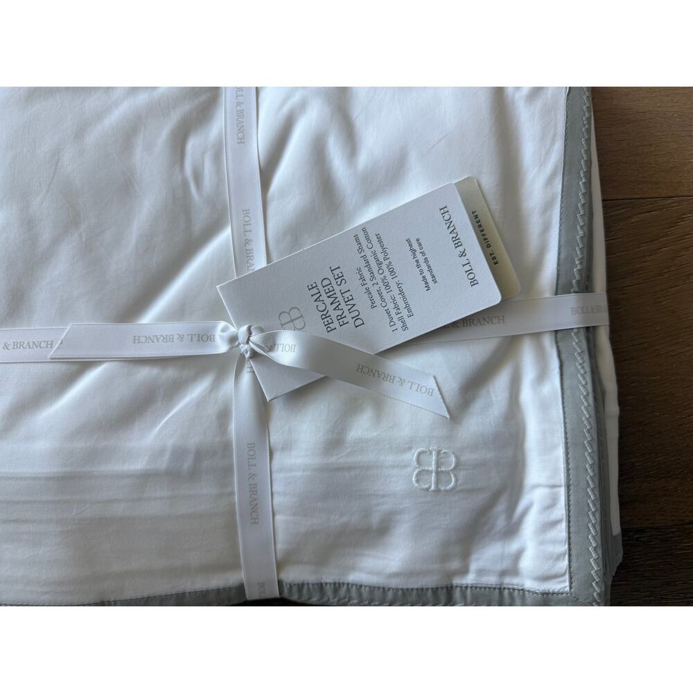 New Boll & Branch Luxury Framed Percale Queen Duvet Set White & Pewter Gray